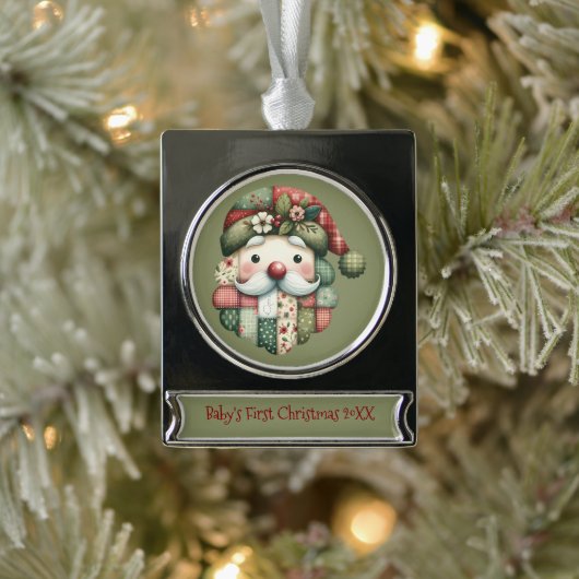 Whimsical Patchwork Santa Folk Christmas Verzilverd Banner Ornament (Boom)