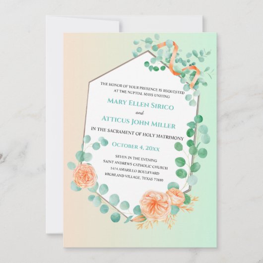 Whimsical Peach Green Nuptial Mass Invitation Kaart (Voorkant)