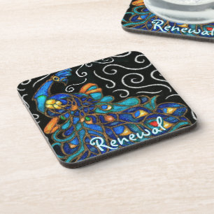 Whimsical Peacock Chalk Pastel Bird gepersonalisee Bier Onderzetter