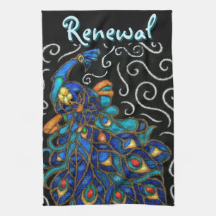 Whimsical Peacock Chalk Pastel Bird gepersonalisee Theedoek