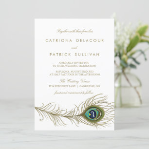 Whimsical Peacock Feather Art Deco Wedding Kaart