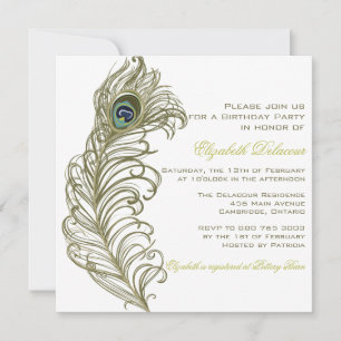 Whimsical Peacock Feather Birthday Invitation Kaart