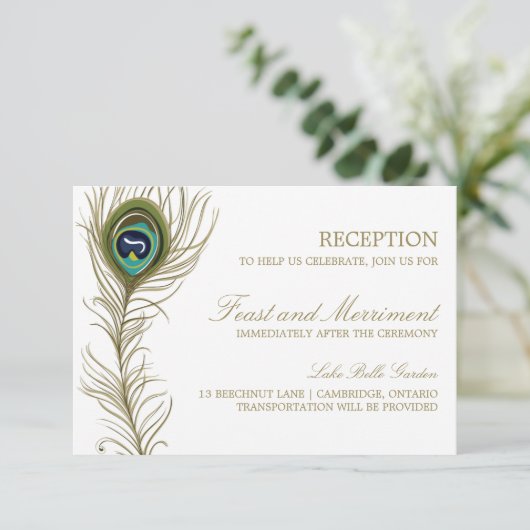Whimsical Peacock Feather Reception Kaart (Staand voorkant)