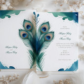 Whimsical Peacock Feather Waterverf Bruiloft Kaart