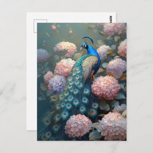 Whimsical Peacock Roze Hydrangea Bloemen Briefkaart (Voorkant / Achterkant)