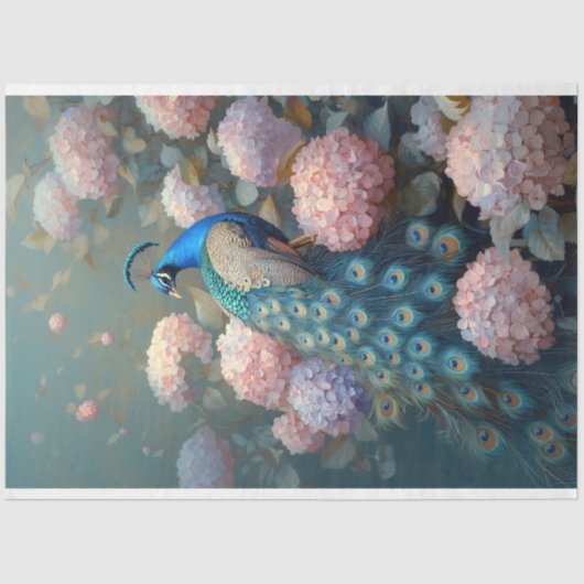 Whimsical Peacock Roze Hydrangea Bloemen Decoupage Tissuepapier (Voorkant)