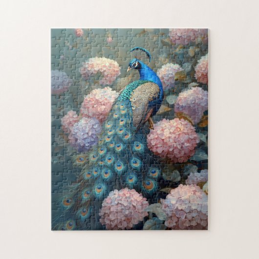 Whimsical Peacock Roze Hydrangea Bloemen Legpuzzel (Verticaal)
