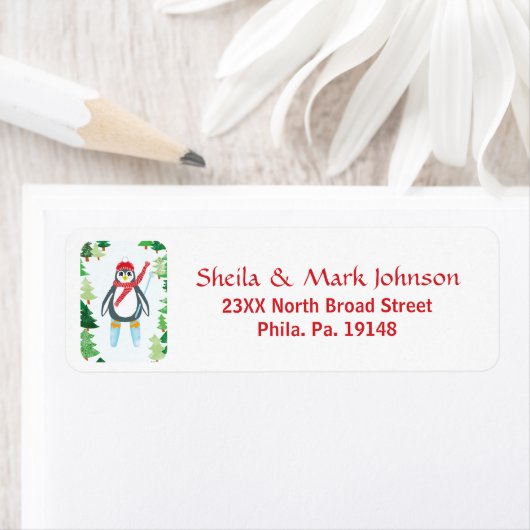 Whimsical Penguin Skiing Christmas Tree Art Etiket (Insitu)