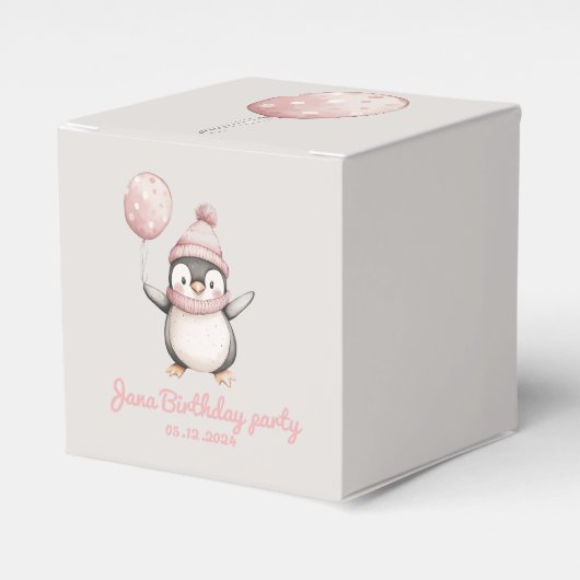 Whimsical Penguin Verjaardag | roze Bedankdoosjes (Voorkant Zijde)