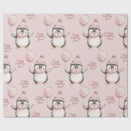 Whimsical Penguin Verjaardag | roze Cadeaupapier (Vlak)