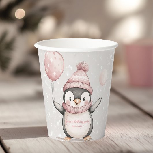 Whimsical Penguin Verjaardag | roze Papieren Bekers