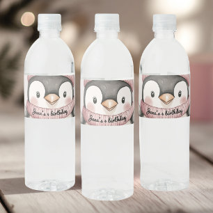 Whimsical Penguin Verjaardag Water roze Waterfles Etiket