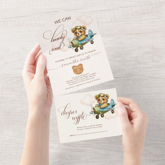 Whimsical Pilot Teddy Bear Baby shower All In One Uitnodiging (Afscheurbaar)