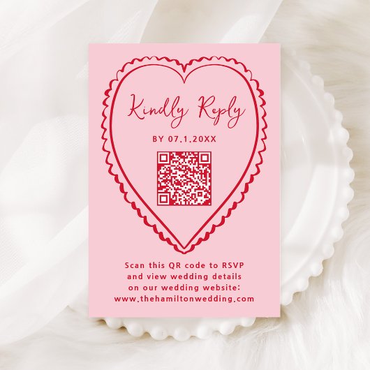 Whimsical Pink and Red Heart QR Code Wedding RSVP Kaartje