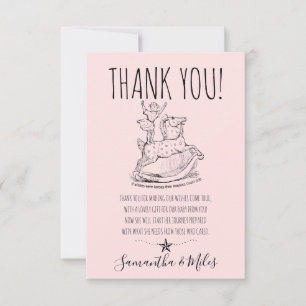 Whimsical Pink Baby Girl Baby shower Rocking Horse Bedankkaart
