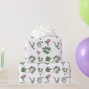 Whimsical Pink Bird and Green Leaves Cadeaupapier