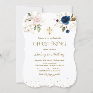 Whimsical Pink Blush Gold Floral Twins Christening Kaart