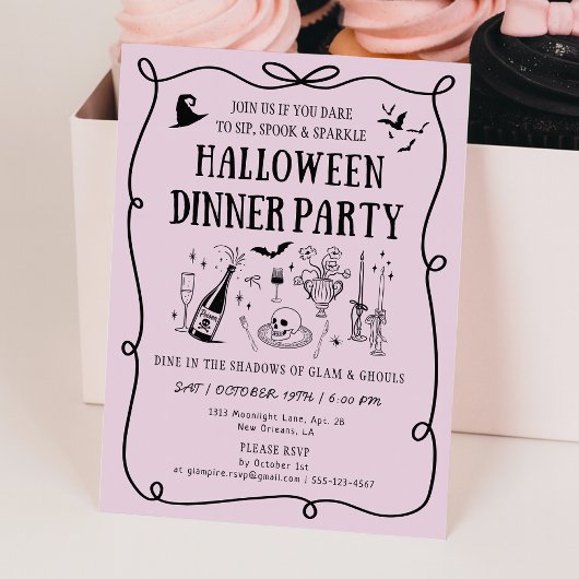 Whimsical Pink Boos & Bows Halloween Dinner Party Kaart