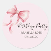 Whimsical Pink Bow Birthday Party Ronde Sticker (Voorkant)