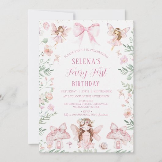 Whimsical Pink Bow Fairy eerste verjaardag Kaart (Voorkant)