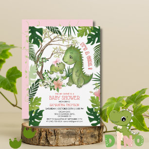 Whimsical Pink Bow Girl Dinosaur Baby shower Kaart