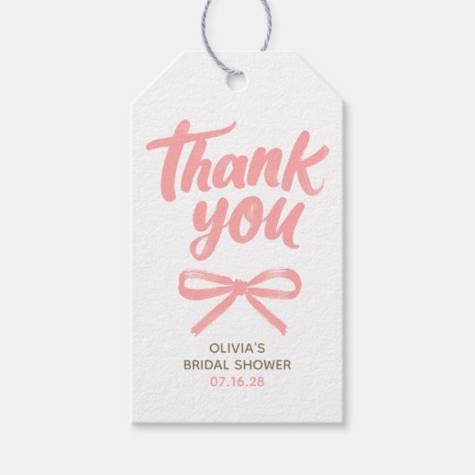 Whimsical Pink Bow Handwritten Bridal Thank You Cadeaulabel (Voorkant)