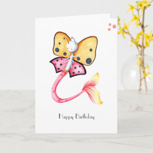 Whimsical Pink Butterfly Mermaid Happy Birthday Kaart