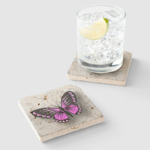 Whimsical Pink Butterfly op Grey Floral Stenen Onderzetter