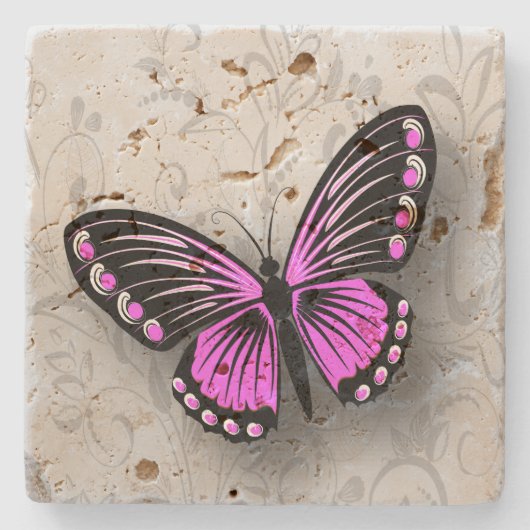 Whimsical Pink Butterfly op Grey Floral Stenen Onderzetter (Voorkant)