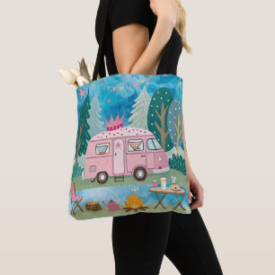 Whimsical Pink Camper Van Camping Scene Draagtas
