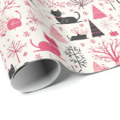 Whimsical Pink Cat Winter Pattern Cadeaupapier (Rol Hoek)
