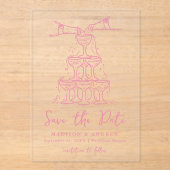 Whimsical Pink Champagne Tower Bewaar de datum Acryl Uitnodigingen (Voorkant)