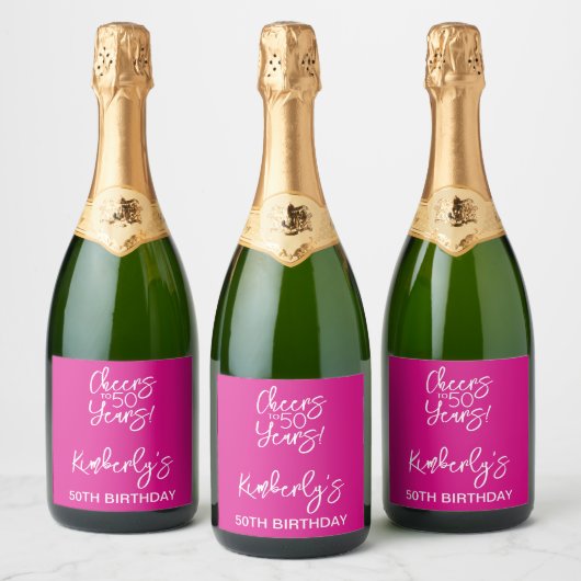 Whimsical Pink Cheers to 50 Years Birthday Sparkling Wijnetiket (Flessen)