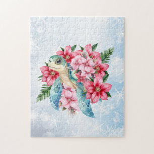 Whimsical Pink Christmas Floral Zee Schildpad Legpuzzel