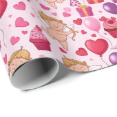 Whimsical Pink Cupid Birthday Balloon Pattern Cadeaupapier (Rol Hoek)