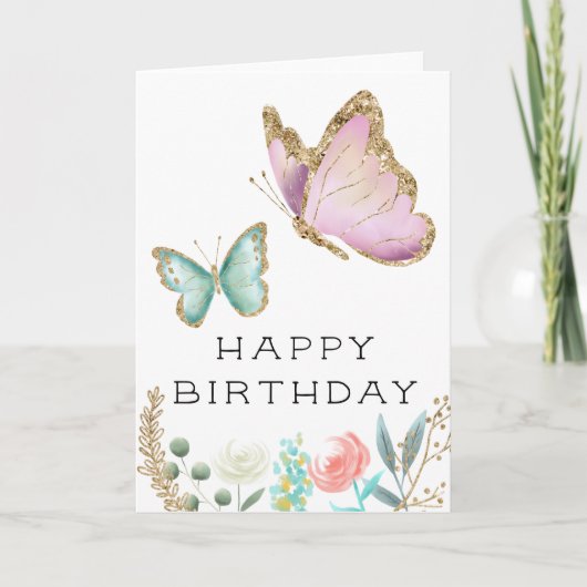 Whimsical Pink en Mint Butterfly Verjaardag Kaart (Voorkant)