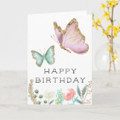 Whimsical Pink en Mint Butterfly Verjaardag Kaart (Gele Bloem)
