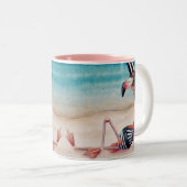 Whimsical Pink Flamingo No. 1 Waterverf Art Tweekleurige Koffiemok (Voorkant rechts)