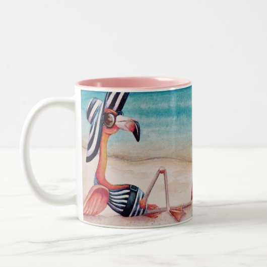 Whimsical Pink Flamingo No. 1 Waterverf Art Tweekleurige Koffiemok (Links)