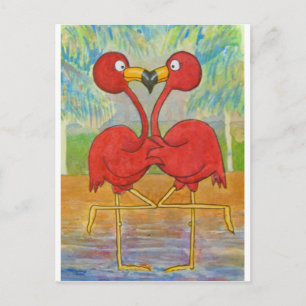 Whimsical Pink Flamingo Pair op Beach Island Art Briefkaart