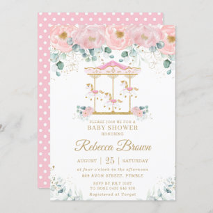 Whimsical Pink Floral Carousel Girl Baby shower Kaart