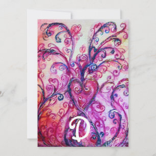 WHIMSICAL PINK FLOURISHES HEART FLORAL MONOGRAM KAART