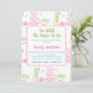 Whimsical Pink Green Hand Drawn Tea Vrijgezellenfe Kaart