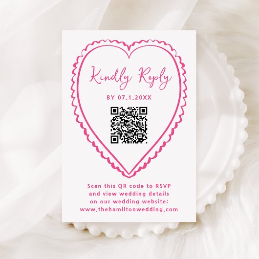 Whimsical Pink Heart QR Code Wedding RSVP Kaartje