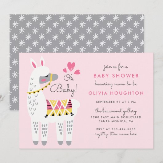 Whimsical Pink Llama Oh Baby Girl Shower Kaart (Voorkant / Achterkant)