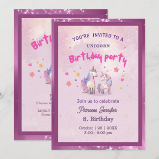 Whimsical Pink Magical Unicorn Birthday Party Kaart