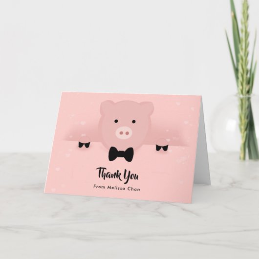 Whimsical Pink Pig in a Bow Stropdas Dank u Kaart (Voorkant)