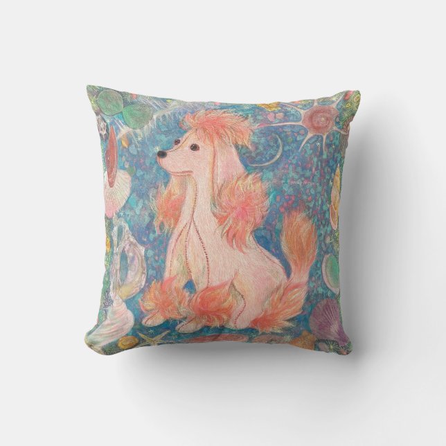 Whimsical Pink Poodle & Ocean Shells Cushion  Kussen (Voorkant)