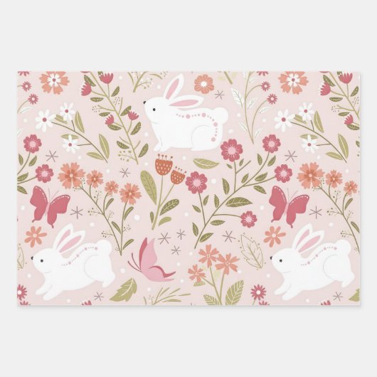 Whimsical Pink Rabbit and Floral Meadow Inpakpapier Vel (Voorkant)