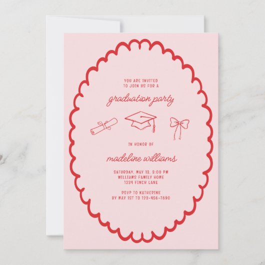 Whimsical Pink Red Graduation Party Kaart (Voorkant)